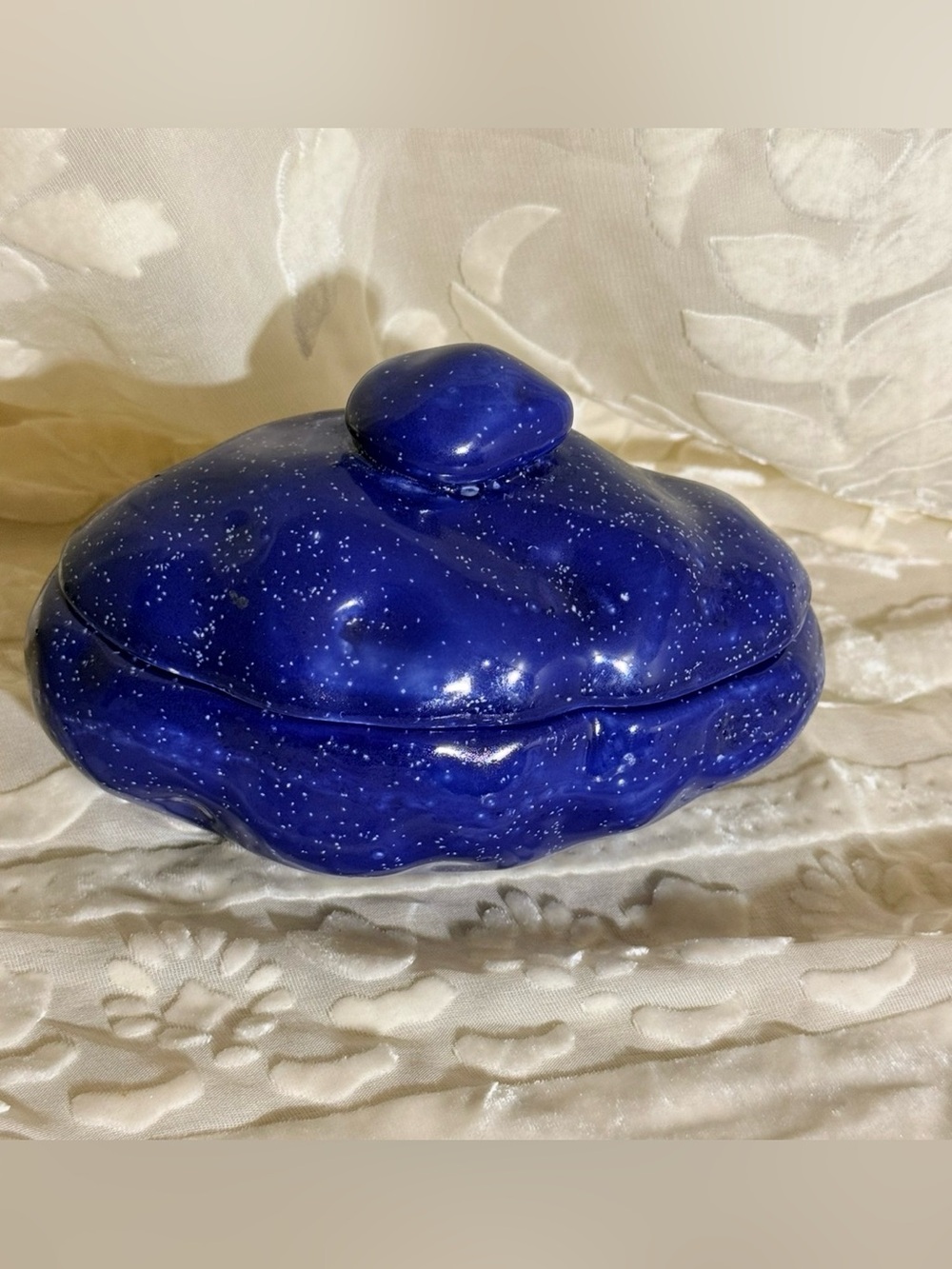 Vtg 1970s Blue Starry Night Cloud Ceramic Lidded Trinket Dish